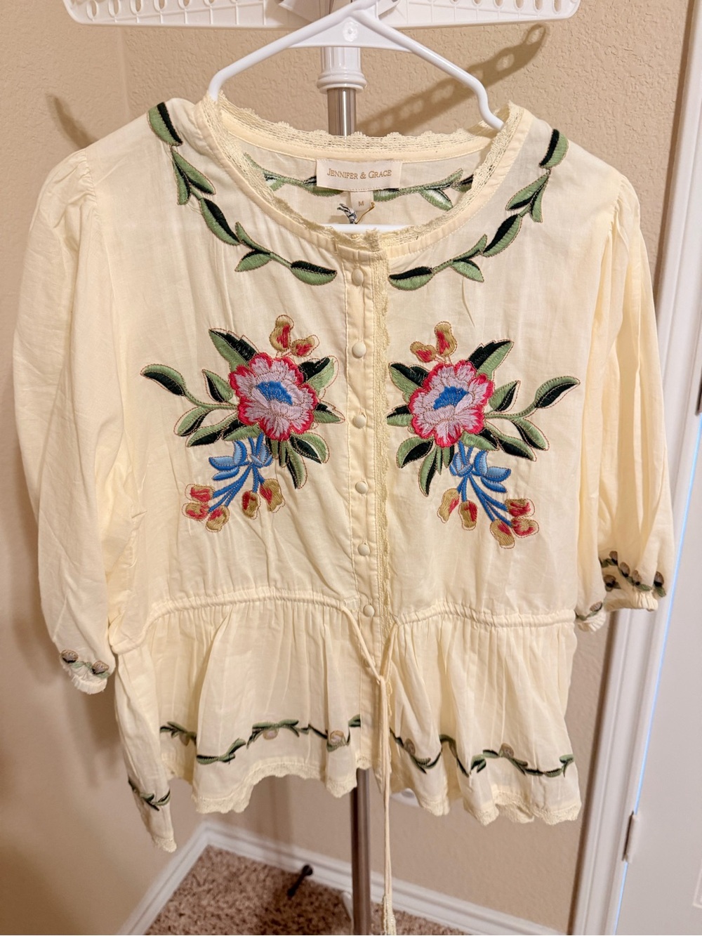 Embroidered Cream Floral Peasant Blouse by Jennifer & Grace